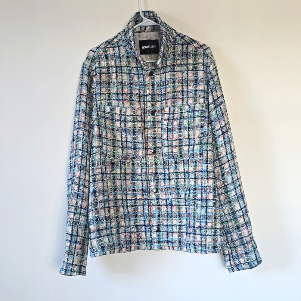 Novamen Texture Plaid Colorful Blue/White Button-Down Shirt Jacket Size M